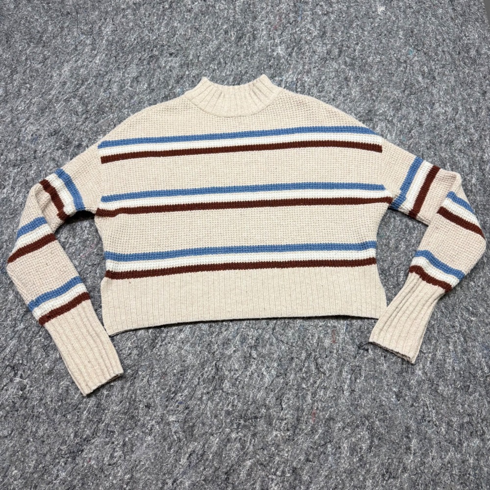 Arizona Jean Co Womens Large Striped Cropped Waffle Knit Mock Neck Sweater Beige